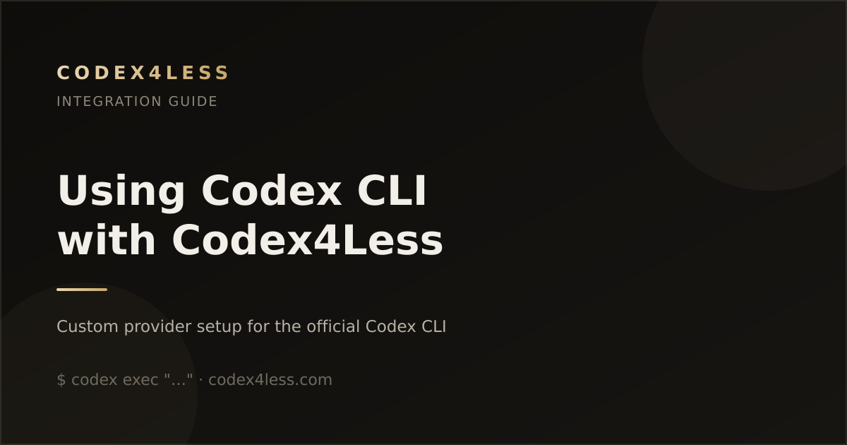 Dark cover image reading: Using Codex CLI with Codex4Less — Integration Guide