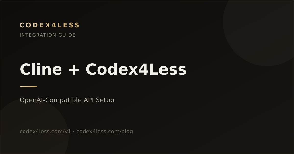 Dark cover image reading: Connect Cline to Codex4Less — OpenAI-Compatible API Setup