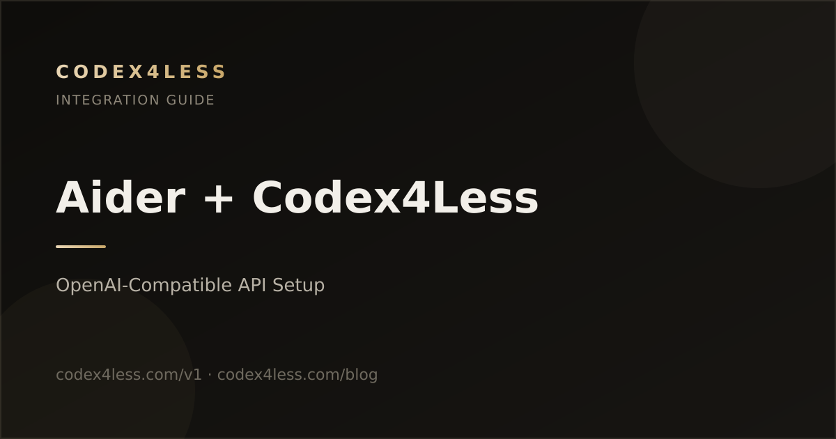 Dark cover image reading: Aider + Codex4Less — OpenAI-Compatible API Setup