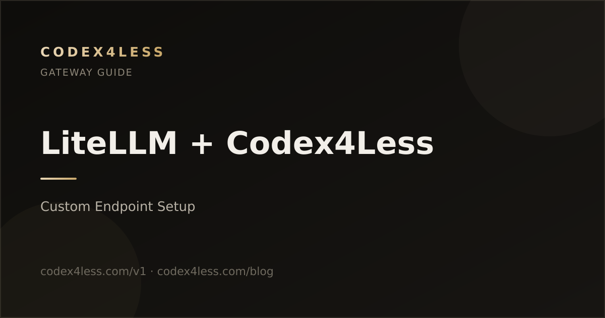 Dark cover image reading: LiteLLM + Codex4Less — Custom Endpoint Setup
